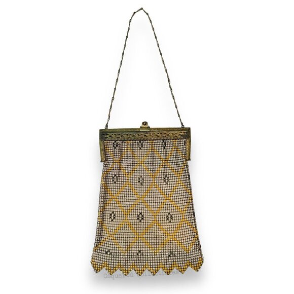 Whiting & Davis Mesh Chain Maille Yellow Painted Hand Bag Antique Art Deco - Picture 1 of 14